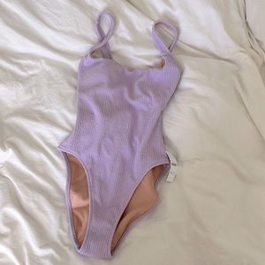 NWT JCREW purple low back, high leg swimsuit.